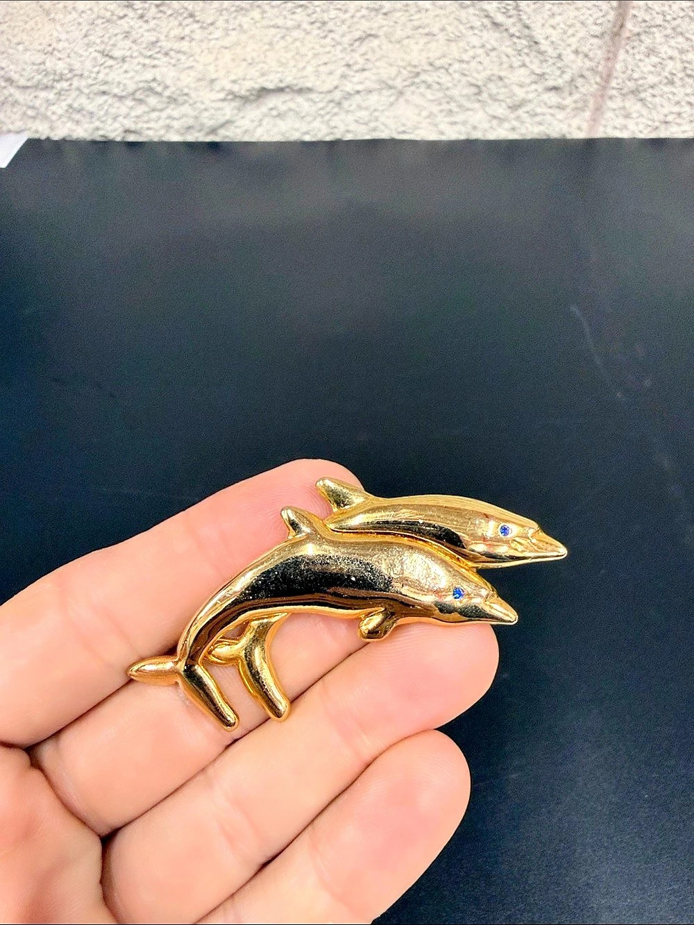 Vintage Gold Tone Double Dolphin Brooch Blue Rhinestone Eyes Nautical Pin